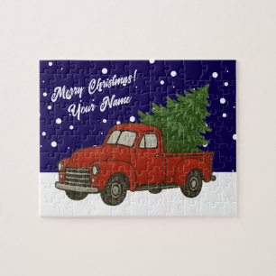 Oude vintage rode pick-uptruck met kerstboom legpuzzel