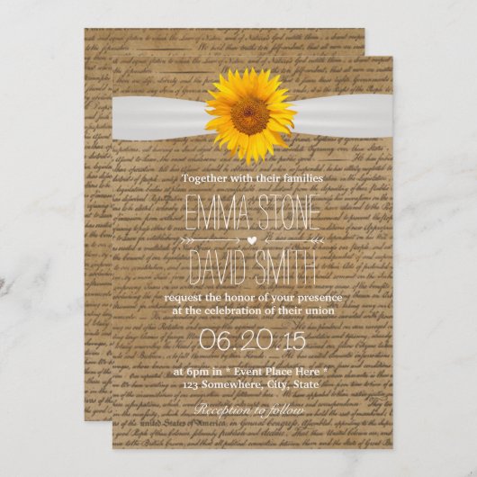 Oude Vintage Scripts Zonnebloem Trouwkaarten Kaart (Voorkant / Achterkant)