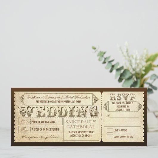 Oude vintage trouwtickets met RSVP Kaart (Staand voorkant)