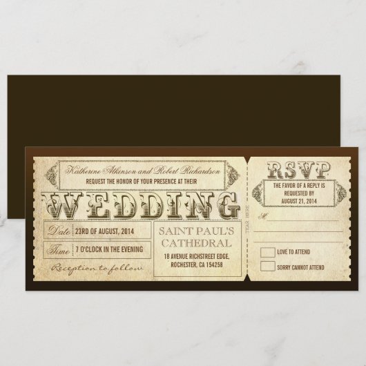 Oude vintage trouwtickets met RSVP Kaart (Voorkant / Achterkant)