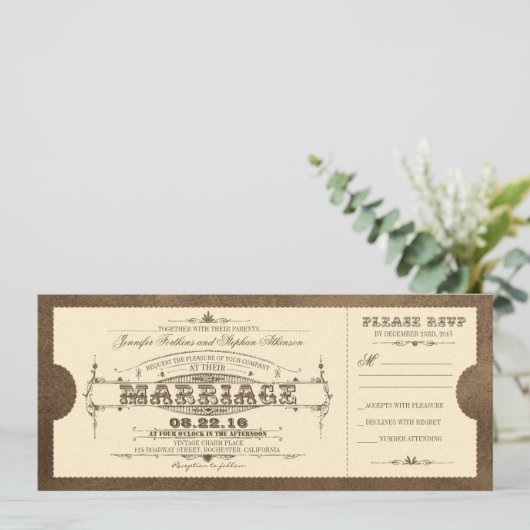 Oude Vintage Wedding Ticket uitnodiging (Staand voorkant)