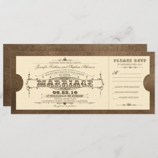 Oude Vintage Wedding Ticket uitnodiging (Voorkant / Achterkant)