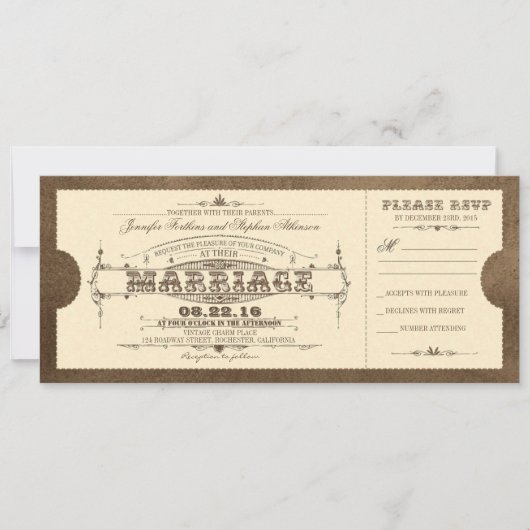 Oude Vintage Wedding Ticket uitnodiging (Voorkant)