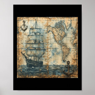 Oude vintage zeekaart piratenschip zeilboot zee  poster