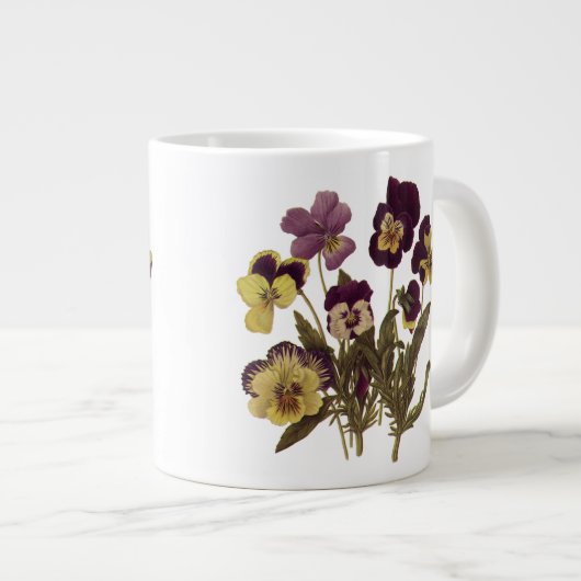 Oude viooltjes in bloei, bloementuin bloemen grote koffiekop (Voorkant rechts)