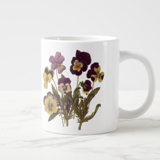 Oude viooltjes in bloei, bloementuin bloemen grote koffiekop (Rechts)