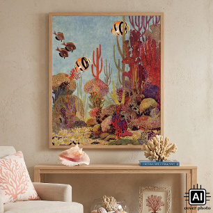 Oude vis in oceaan, tropische koraal engelvis poster