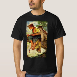 Oude vissen, jongen met zijn puppy en wormen t-shirt