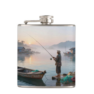Oude visser bij zonsopgang heupfles