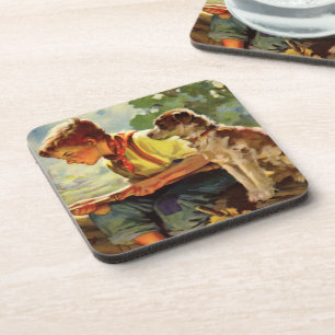 Oude visserij, jongen met zijn puppy en wormen bier onderzetter