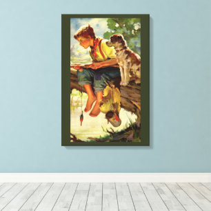 Oude visserij, jongen met zijn puppy en wormen canvas afdruk
