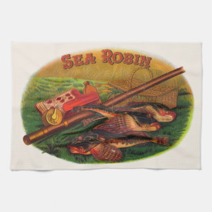 Oude vistuig sigarettenlabel kunst, Sea Robin Theedoek
