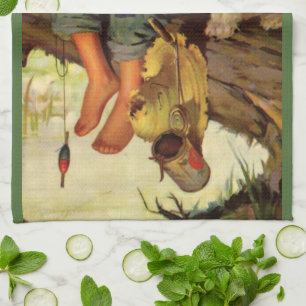 Oude visvangst, jongen met zijn puppy en wormen theedoek