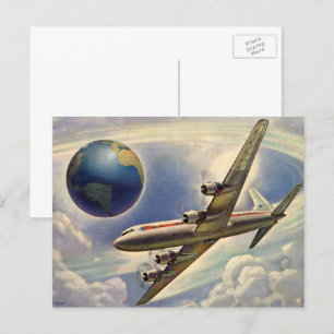 Oude vliegtuigen vliegen rond de wereld in wolken briefkaart