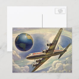 Oude vliegtuigen vliegen rond de wereld in wolken briefkaart