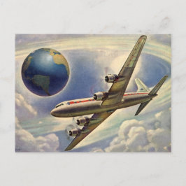 Oude vliegtuigen vliegen rond de wereld in wolken briefkaart