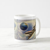 Oude vliegtuigen vliegen rond de wereld in wolken koffiemok (Voorkant rechts)