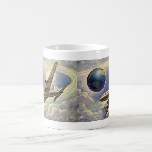Oude vliegtuigen vliegen rond de wereld in wolken koffiemok (Center)