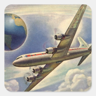Oude vliegtuigen vliegen rond de wereld in wolken vierkante sticker
