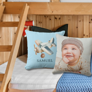 Oude vliegtuigfoto aquarel babyjongen blauw kussen