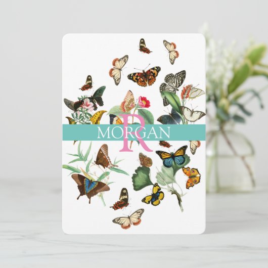 Oude vlinders, monogram, naam en boodschap kaart (Staand voorkant)