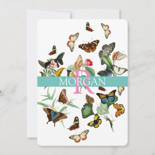 Oude vlinders, monogram, naam en boodschap kaart (Voorkant)