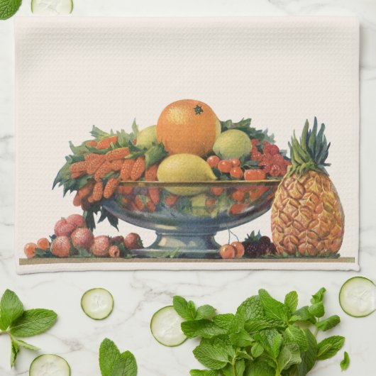 Oude voeding, Gevarieerd fruit in een kom Theedoek (Gevouwen)