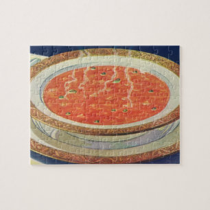 Oude voeding, warme kom tomatensoep met erwten legpuzzel