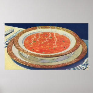 Oude voeding, warme kom tomatensoep met erwten poster