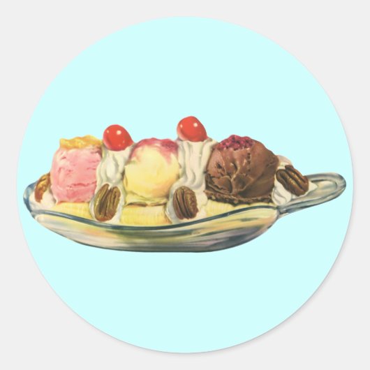 Oude Voedsel Desserts, Banaan Split Kersen Ronde Sticker (Voorkant)