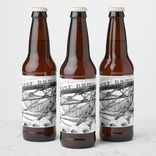 Oude voetbrug. Potloodtekening. Bier Etiket (Flessen)