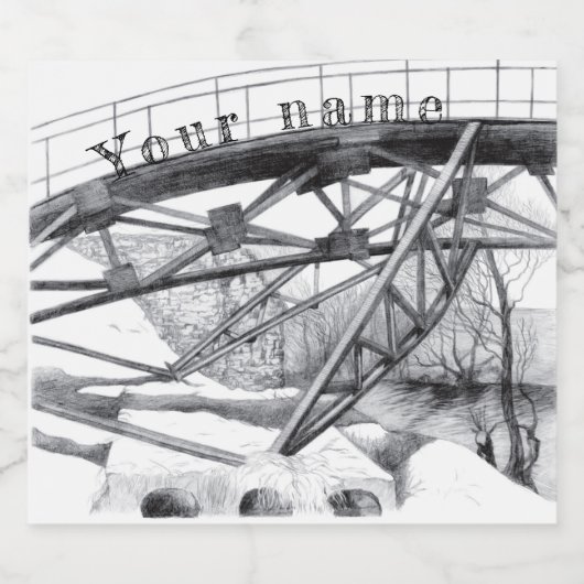 Oude voetbrug. Potloodtekening. Bier Etiket (Enkel label)