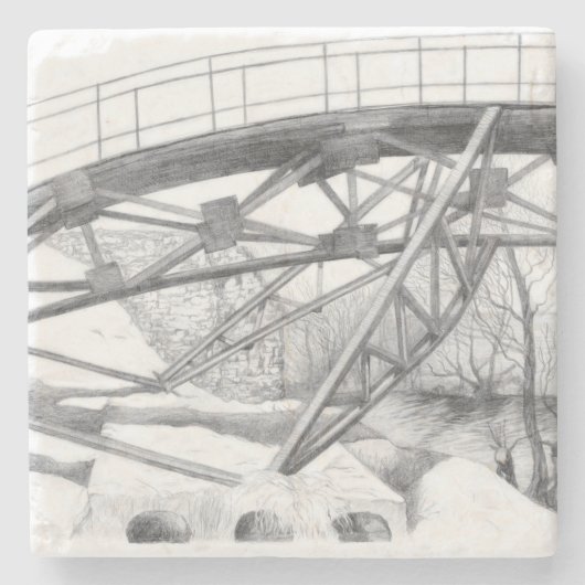 Oude voetbrug. Potloodtekening. Stenen Onderzetter (Voorkant)