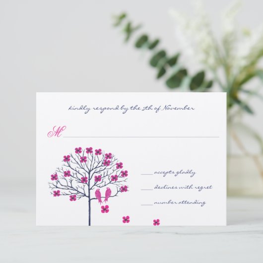 Oude Vogel Fuchsia & Marine Uitnodiging Trouwfeest (Staand voorkant)