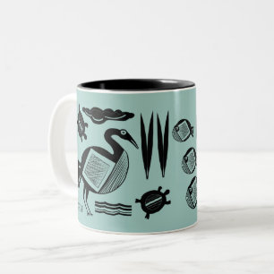 Oude vogel, schildpad, gras, water geïnkt aqua tweekleurige koffiemok