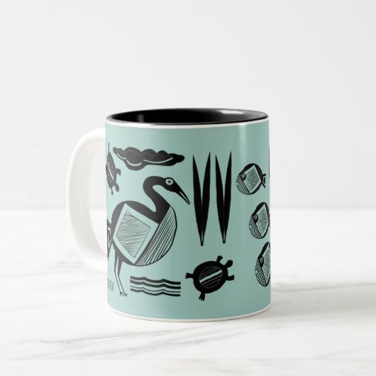 Oude vogel, schildpad, gras, water geïnkt aqua tweekleurige koffiemok (Voorkant links)