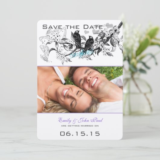 Oude Vogels Witte Bloemen Trouwen Datum Besparen Save The Date (Staand voorkant)