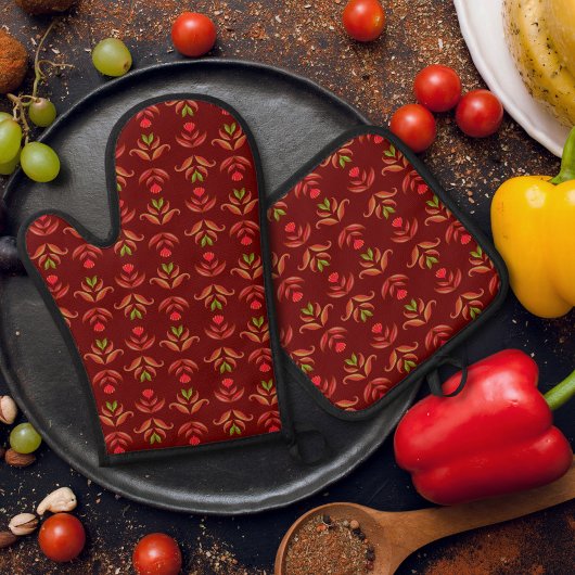 Oude volks kunst bloemprint cozy rustieke herfst ovenwant & pannenlap set