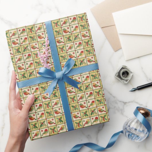 Oude volks kunst Kerst vogels & Hulstbes Cadeaupapier (Geschenken)