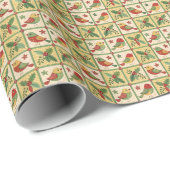 Oude volks kunst Kerst vogels & Hulstbes Cadeaupapier (Rol Hoek)