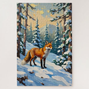 Oude vos in besneeuwde bos kerstschilderij legpuzzel
