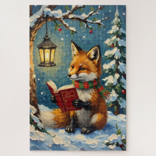Oude vos leest bij lantaarnlicht in de winter legpuzzel