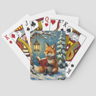 Oude vos leest bij lantaarnlicht in de winter pokerkaarten