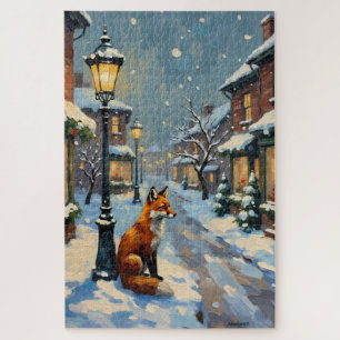 Oude vos onder gaslamp in besneeuwde Kerstmis Legpuzzel