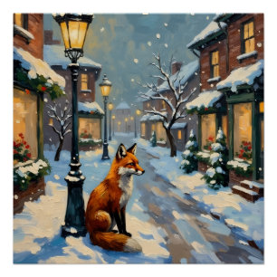 Oude vos onder gaslamp in besneeuwde Kerstmis Perfect Poster
