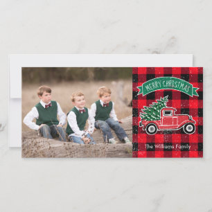 Oude vrachtwagen kerstboom rood buffalo ruitjespat feestdagenkaart