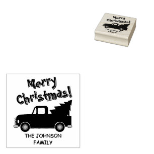 Oude vrachtwagen met kerstboom tekening rubberstempel