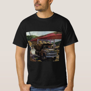 Oude vrachtwagen voor het vervoer van afval op een t-shirt