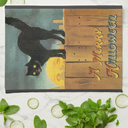 Oude vrolijke Halloween kat van Ellen Clapsaddle Theedoek (Gevouwen)