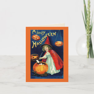 Oude vrolijke Halloween meisjesheks Kaart